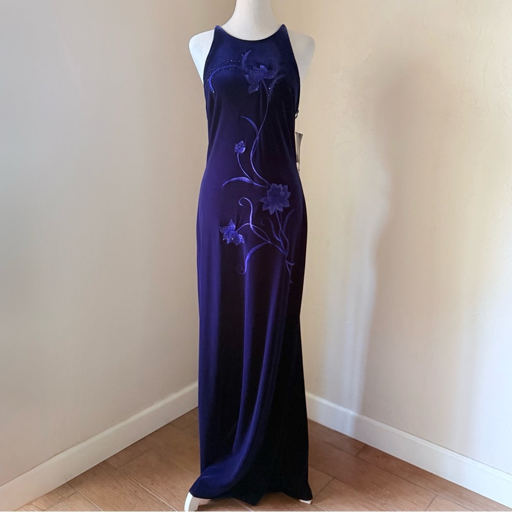 NWT 1990s Vintage Dead-Stock Reggio Velvet Floral Beaded Purple Evening Gown 10